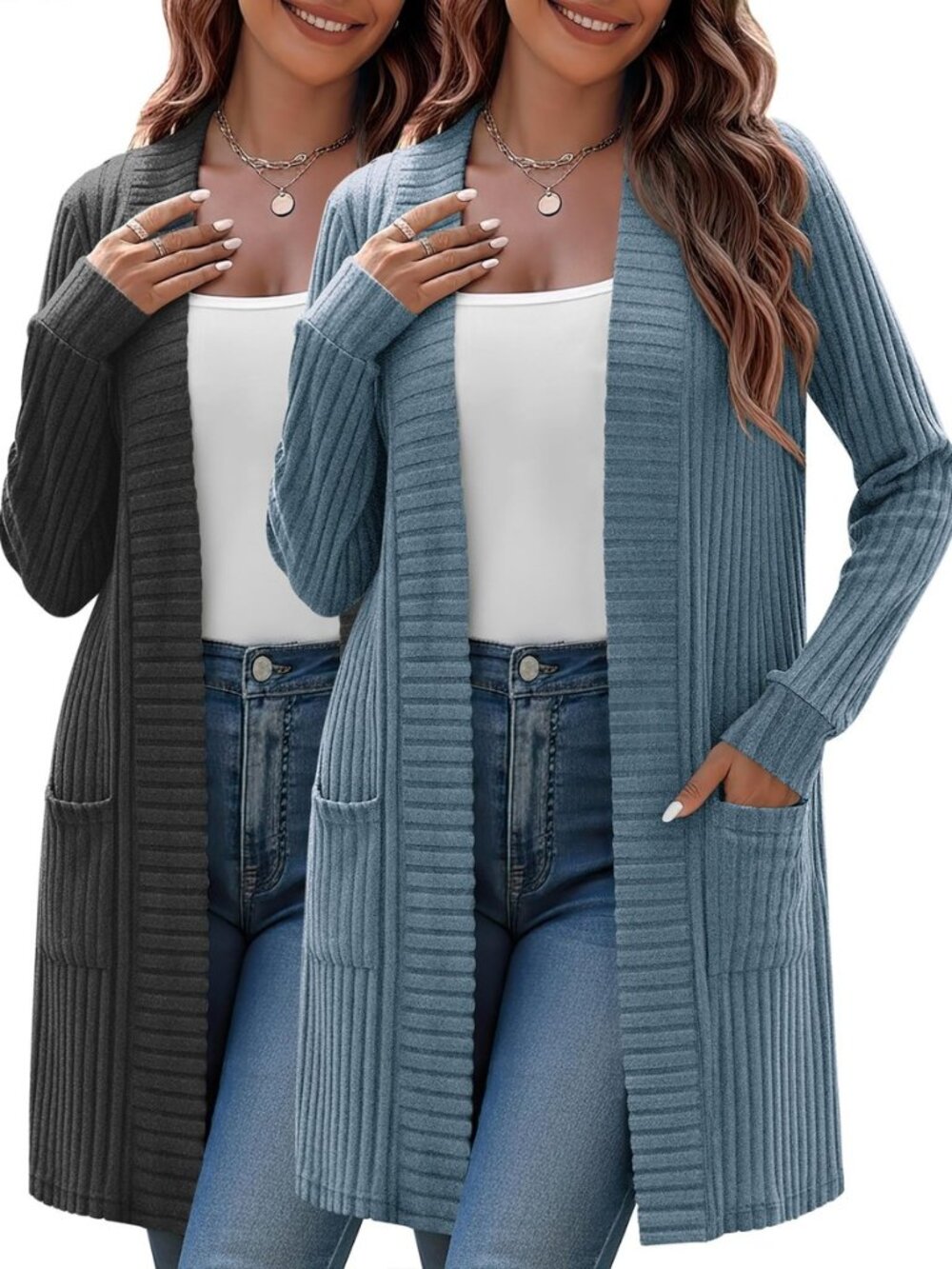 2 Pack Women's Plus Size Long Sleeves Knit Cardigans